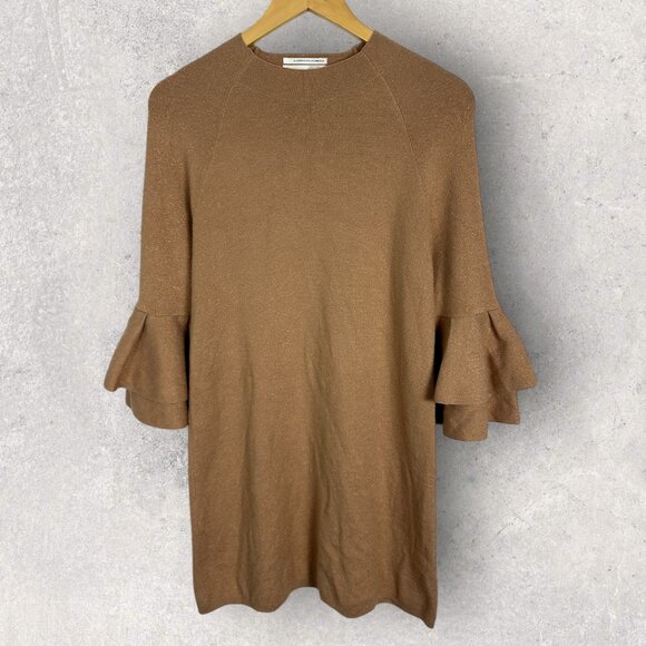 Anthropologie Ruffle Bell Sleeve Knit Dress Tan Womens Size Small Camel Bohemian - Picture 10 of 13